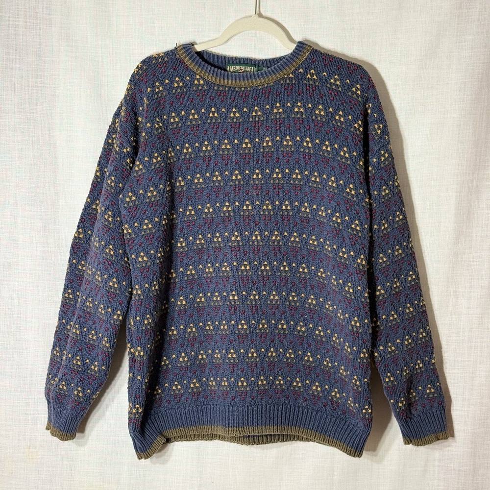 Vintage American Eagle Knit Sweater Mens XL Blue Fair Isle Pattern Crewneck - Picture 2 of 6